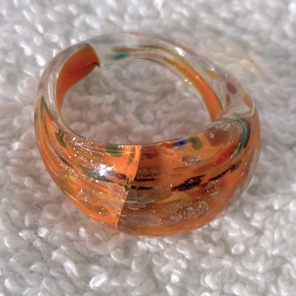 Vintage Art Glass Handmade Orange Black Gold Band Ring - Picture 12 of 14